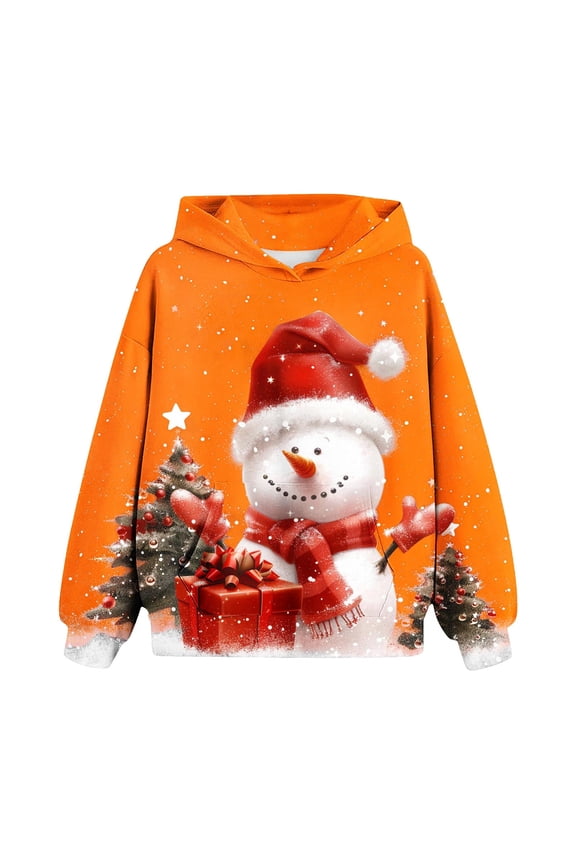 Girls Sweatshirt Christmas Children's Shirt Long Sleeved Pattern T-shirt Printed Round Neck Long Top Boys and Girls Aged Hooded Sweatshirt Orange 160