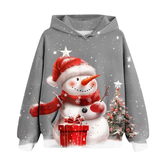 Girls Sweatshirt Christmas Children's Shirt Long Sleeved Pattern T-shirt Printed Round Neck Short Top Boys and Girls Aged Hooded Sweatshirt Gray 4 Years