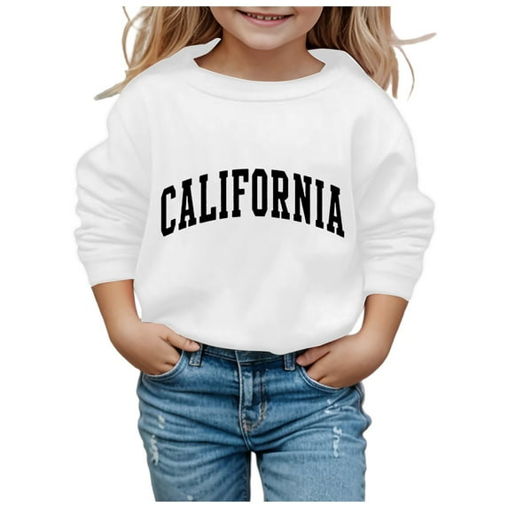 Girls Sweatshirt Crew Neck California City Letter Print Boys Kids Pullovers(140 7-8 Years,White)