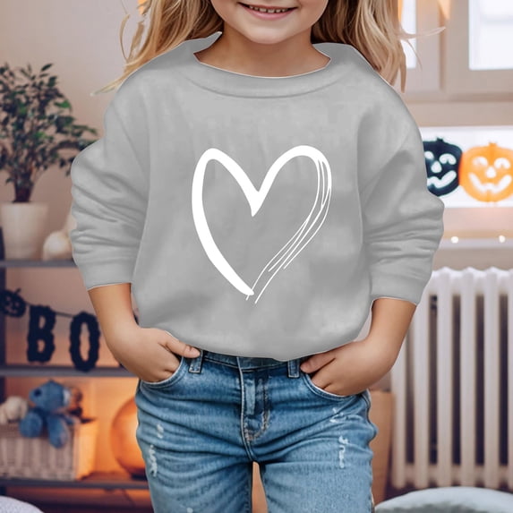 Girls Sweatshirt Girls Heart Print Crew Neck Hoodless Sweatshirt Long Sleeve Casual Pullover Grey