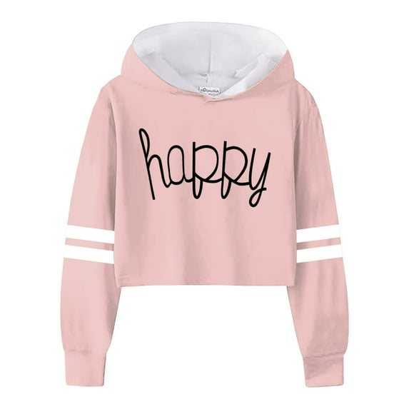 Girls Sweatshirt Girls Kids Casual Loose Active Full Sleeves Hoodies Sweatshirts Hooded Short Pullover Letter Print Striped Teen Crop Tops Girls Tops 8-9 Years