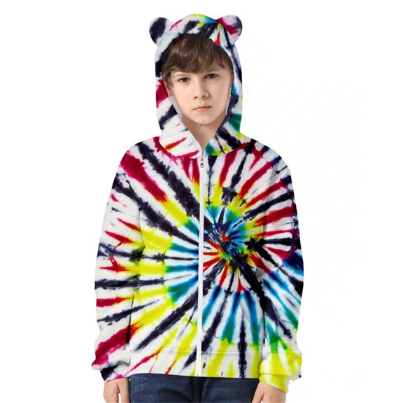 Girls Sweatshirt,Hoodie New Tie Dye 3D Printed Cat Ears Zipper Unisex Casual Pullover Hoodie for Children,Sweatshirts for Girls,Red,12-13 Years