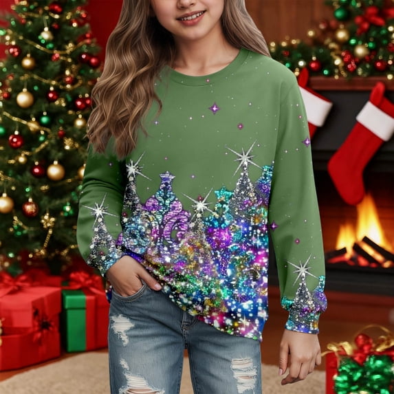 Girls Sweatshirt Kids Christmas Fleece Crew Neck Hoodless Sweatshirt Long Sleeve Pullover Green 4-5 Years