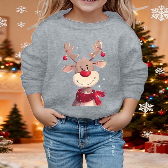 Girls Sweatshirt Kids Cozy Christmas Hoodless Sweatshirt Crew Neck Long Sleeve Pullover Grey 3-4 Years