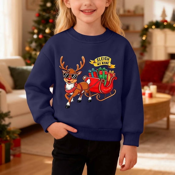Girls Sweatshirt Kids Festive Fleece Crew Neck Long Sleeve Pullover Sweatshirt Hoodless Top Navy 4-5 Years