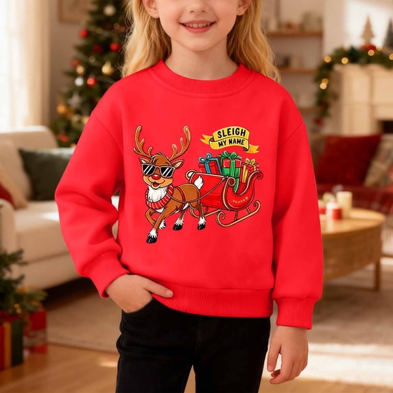 Girls Sweatshirt Kids Festive Fleece Crew Neck Long Sleeve Pullover Sweatshirt Hoodless Top Red 4-5 Years