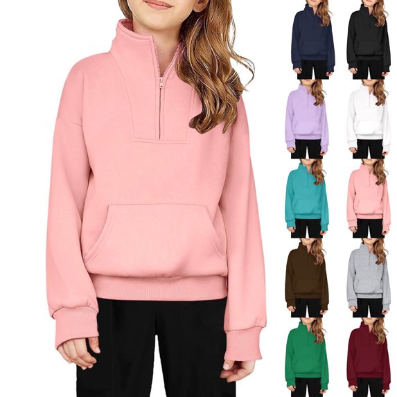 Girls Sweatshirt Long Sleeve Quarter Zip Sweatshirt Casual Loose Pullover Tops Pink Sweatshirt Size 5-14 Years
