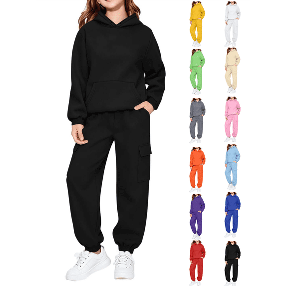 Girls Sweatshirt Nelozsy Children's Winter Solid Color Long Sleeve Hooded Pockets Sweatshirt Pants Sweatpants Casual Sports Two-piece Set Kids Black 160