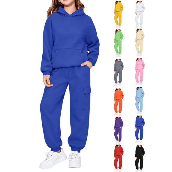 Girls Sweatshirt Nelozsy Children's Winter Solid Color Long Sleeve Hooded Pockets Sweatshirt Pants Sweatpants Casual Sports Two-piece Set Kids Blue 130