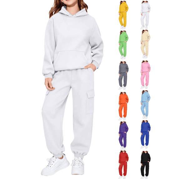 Girls Sweatshirt Nelozsy Children's Winter Solid Color Long Sleeve Hooded Pockets Sweatshirt Pants Sweatpants Casual Sports Two-piece Set Kids White 150