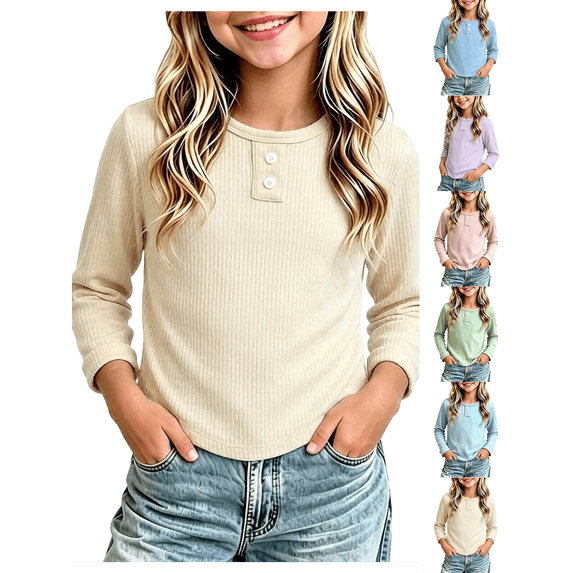 Girls Sweatshirt Nelozsy Kids Ribbed Long Sleeve Button Crew Neck Basic Top Beige 0-1Years