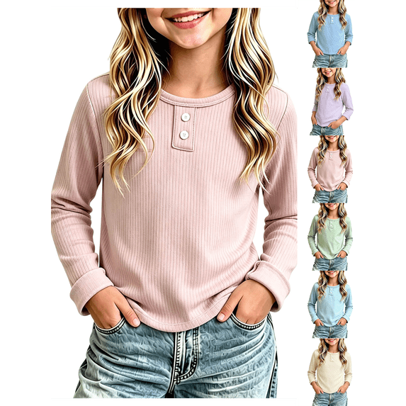 Girls Sweatshirt Nelozsy Kids Ribbed Long Sleeve Button Crew Neck Basic Top Pink 3-4Years