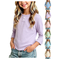 thumbnail image 1 of Girls Sweatshirt Nelozsy Kids Ribbed Long Sleeve Button Crew Neck Basic Top Purple 9-10Years, 1 of 7