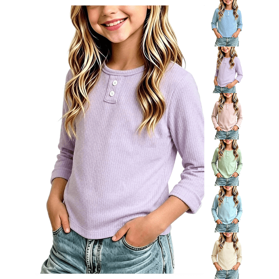 Girls Sweatshirt Nelozsy Kids Ribbed Long Sleeve Button Crew Neck Basic Top Purple 9-10Years