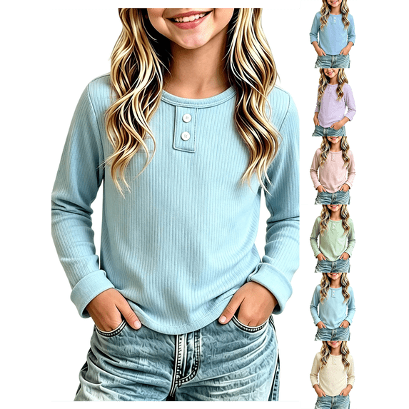 Girls Sweatshirt Nelozsy Kids Ribbed Long Sleeve Button Crew Neck Basic Top Sky Blue 7-8Years