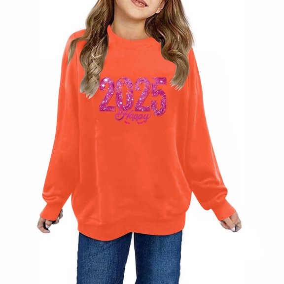 Girls Sweatshirt New Year Holiday Long Sleeve Cotton Shirt Crewneck Hoodless Casual Loose Tops Toddler Boys Clothes, Orange, 5 Years