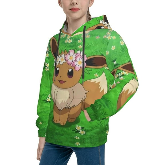 Girls Sweatshirt Pokémon-Eevee Long Sleeve Hoodies Cute Oversized Pocket Sweatshirt Tops 6-18 Years,M