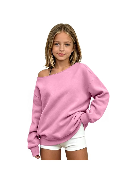 Girls Sweatshirt Size 10-12 Y2k Off The Shoulder Long Sleeve Girls Pullover Sweatshirt Drop Shoulder Shirt for Teen Girls Cotton Winter School Clothes for Teen Girls