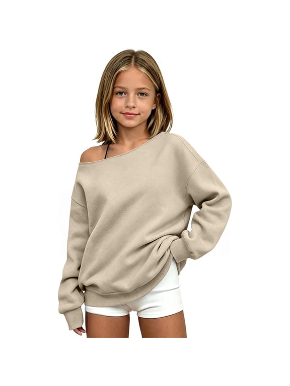 Girls Sweatshirt Size 10-12 Y2k Off The Shoulder Long Sleeve Pullover Sweatshirts for Girls Comfort Sweaters for Girls 10-12 Cotton Fall Clothes for Tween Girls