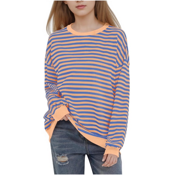Girls Sweatshirt Striped Printed Long Sleeve Crewneck Pullover Tops with Pockets Lightweight Clothes for Girls Size 1-12