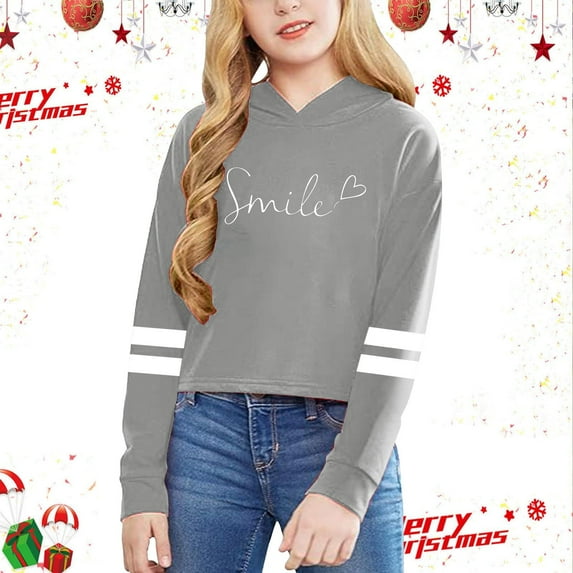 Girls Sweatshirt Top Print Cropped Hoodie Short Boxy Fit Pullover Teen Solid Color Letter Graphic Top For 3-14 Years(Grey,6-7Years)
