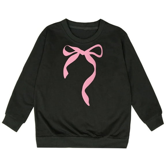 Girls Sweatshirts Cute Bow Graphic Crew Neck Long Sleeve Pullover Tops For Girl Soft Comfy Unisex Kids Graphic Hoodies Black 7-8 Years