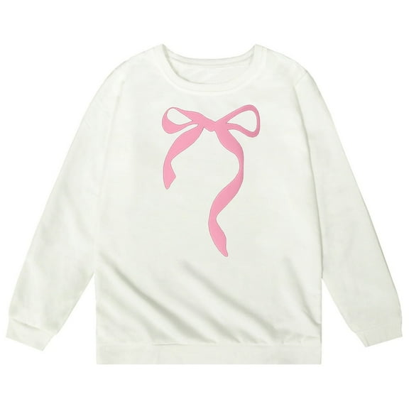 Girls Sweatshirts Cute Bow Graphic Crew Neck Long Sleeve Pullover Tops For Girl Soft Comfy Unisex Kids Graphic Hoodies White 7-8 Years