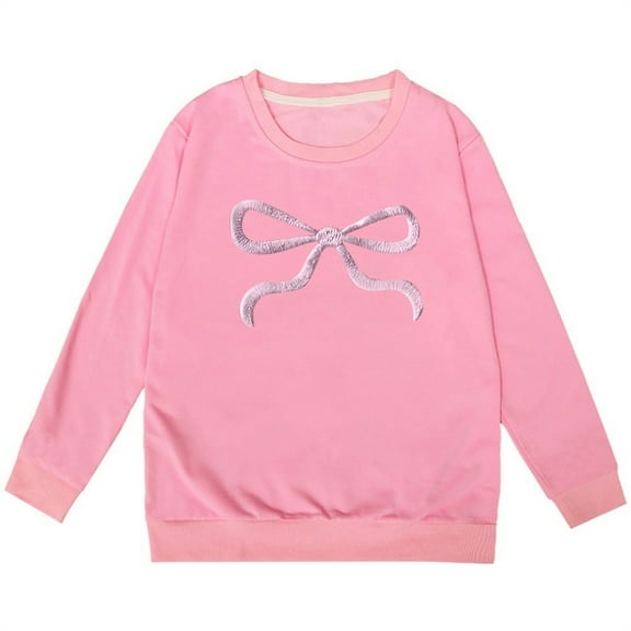 Girls Sweatshirts Cute Bow Graphic Crew Neck Long Sleeve Pullover Tops For Girls Soft Comfy Unisex Kids Graphic Hoodies Pink 5-6 Years