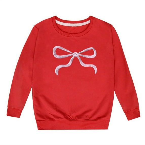 Girls Sweatshirts Cute Bow Graphic Crew Neck Long Sleeve Pullover Tops For Girls Soft Comfy Unisex Kids Graphic Hoodies Red 9-10 Years