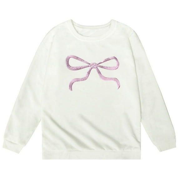 Girls Sweatshirts Cute Bow Graphic Crew Neck Long Sleeve Pullover Tops For Girls Soft Comfy Unisex Kids Graphic Hoodies White 13-14 Years