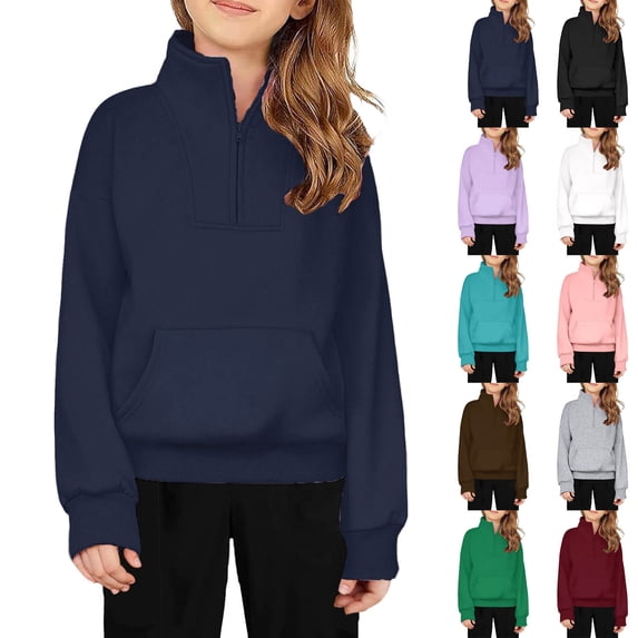 Girls Sweatshirts Long Sleeve Quarter Zip Sweatshirt Casual Loose Fit Pullover Tops Navy Sweatshirt Kids Size 5-14 Years