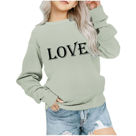 Girls Sweatshirts Love Heart Letter Print Cotton Drop Shoulder Long Sleeve Crewneck Pullover Kids Valentines Tops (2 Years, Green 01)
