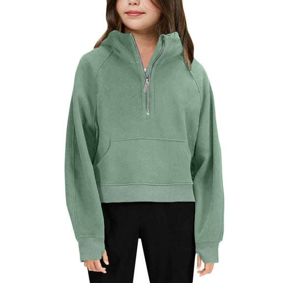 Girls Sweatshirts Size 3-10 Year Old Half Zip Pullover with Thumb Holes Front Pocket Cotton Loose Comfy Top (130, Green)
