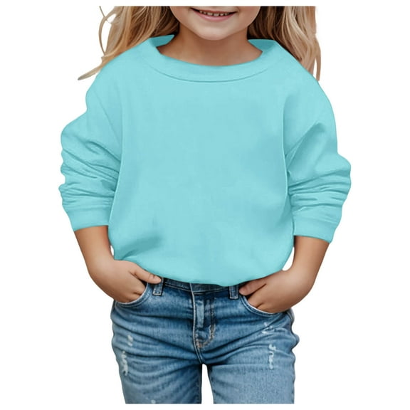 Girls Sweatshirts Solid Long Sleeve T-Shirts Kids Fall Oversized Tops Casual Crewneck Tees,Blue,7-8 Years