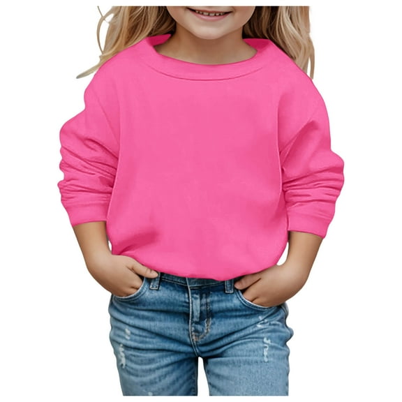 Girls Sweatshirts Solid Long Sleeve T-Shirts Kids Fall Oversized Tops Casual Crewneck Tees,Hot Pink,7-8 Years