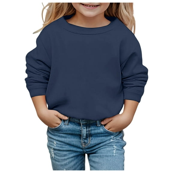 Girls Sweatshirts Solid Long Sleeve T-Shirts Kids Fall Oversized Tops Casual Crewneck Tees,Navy,7-8 Years