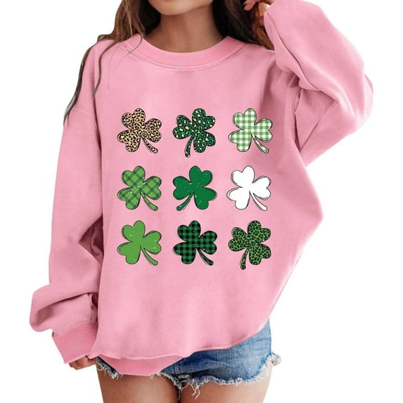 Girls Sweatshirts St. Patrick'S Day Kids Crew Neck Long Sleeve Graphic Pullover Shamrock Print Casual Cute Top Pink 8 Years-9 Years
