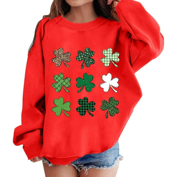 Girls Sweatshirts St. Patrick'S Day Kids Crew Neck Long Sleeve Graphic Pullover Shamrock Print Casual Cute Top Red 6 Years-7 Years