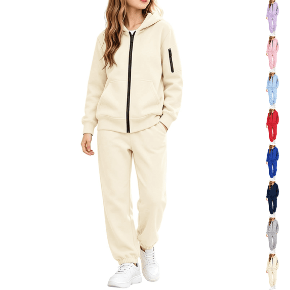 Girls Sweatsuit 2 Piece Outfits Zip-up Hoodies Wide Leg Sweatpants with Pockets Set Teen Girl Joggers Fall Winter Clothes