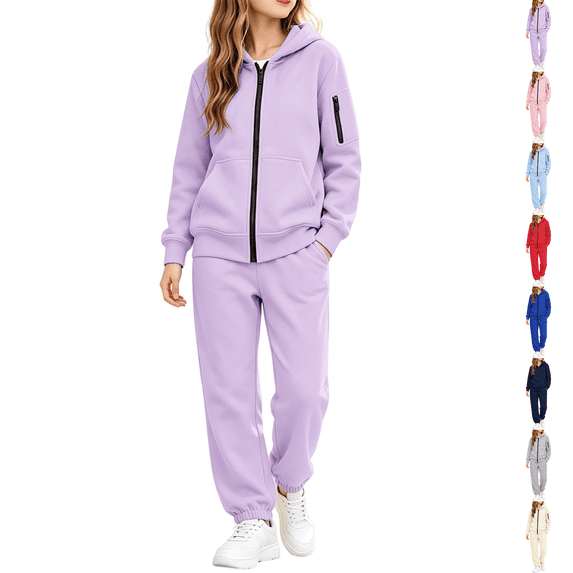 Girls Sweatsuit 2 Piece Outfits Zip-up Hoodies Wide Leg Sweatpants with Pockets Set Teen Girl Joggers Fall Winter Clothes