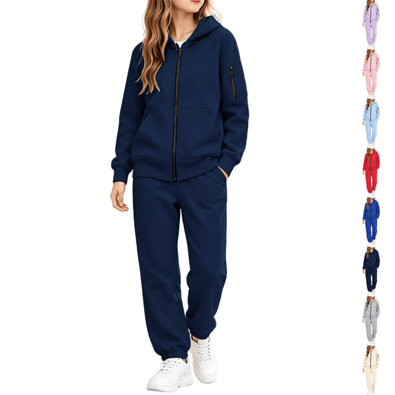 Girls Sweatsuit 2 Piece Outfits Zip-up Hoodies Wide Leg Sweatpants with Pockets Set Teen Girl Joggers Fall Winter Clothes