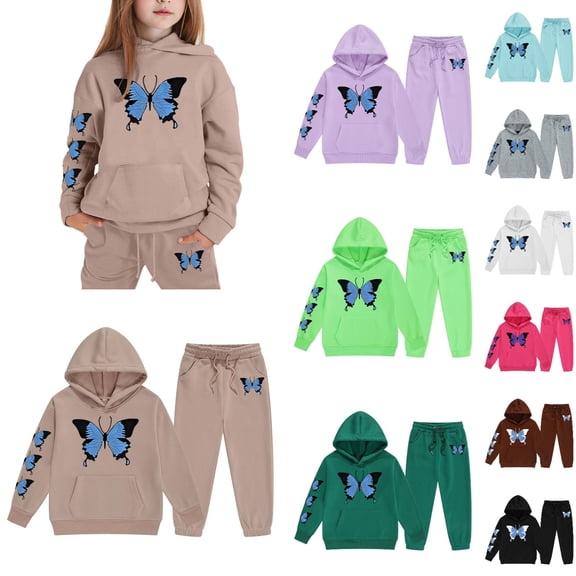 Girls Sweatsuit 2 Piece Set Buttrfly Print Long Sleeve Hoodies Drawstring Joggers Casual Fall Winter Comfortable Outfits for Girls 12-13 Years