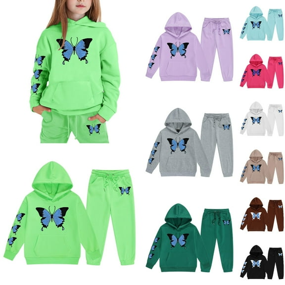 Girls Sweatsuit 2 Piece Set Buttrfly Print Long Sleeve Hoodies Drawstring Joggers Casual Fall Winter Comfortable Outfits for Girls 2-3 Years