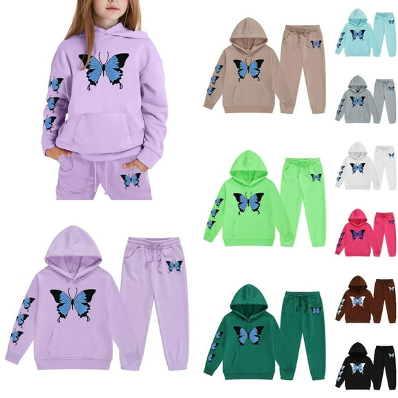 Girls Sweatsuit 2 Piece Set Buttrfly Print Long Sleeve Hoodies Drawstring Joggers Casual Fall Winter Comfortable Outfits for Girls 3-4 Years