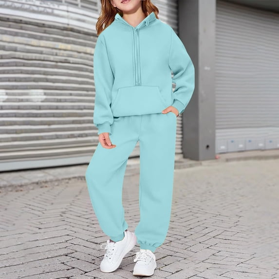 Girls Sweatsuit 2 Piece Sets Causal Loose Half Zip Sweatshirt and Sweatpants Girls Clothes Fall Trendy Y2k Matching Set Light Blue 11-12 Years