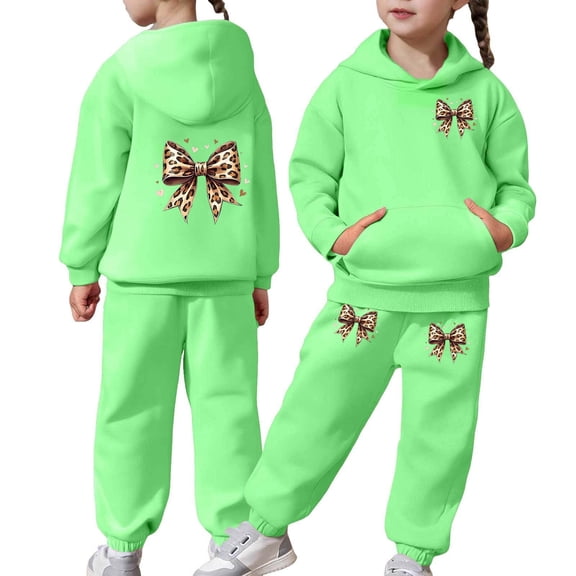 Girls Sweatsuit Bowknot Print Hoodie Jogger Soft Party Loungewear Comfy Play Casual Kids 2 Piece Outfits Green 6-7 Y