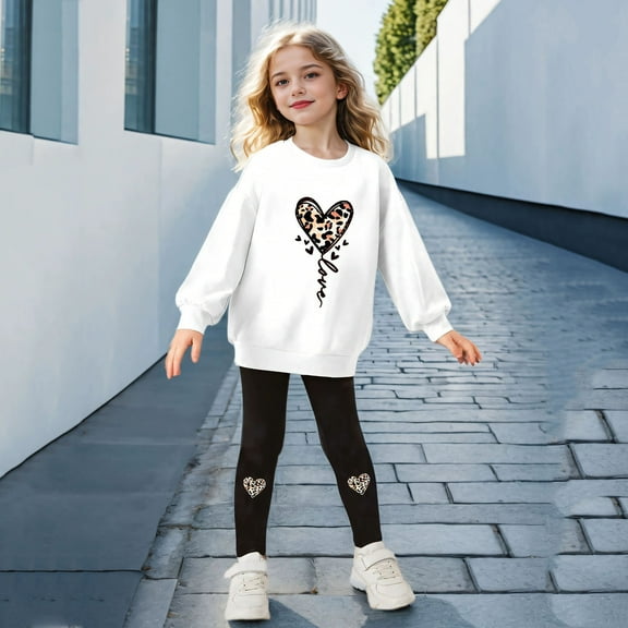 Girls Sweatsuit Casual Long Sleeve Leopard Hearts Graphic Sweatshirt with Fitted Leggings Comfy Playwear 2 Piece Outfits White 4-5 Y