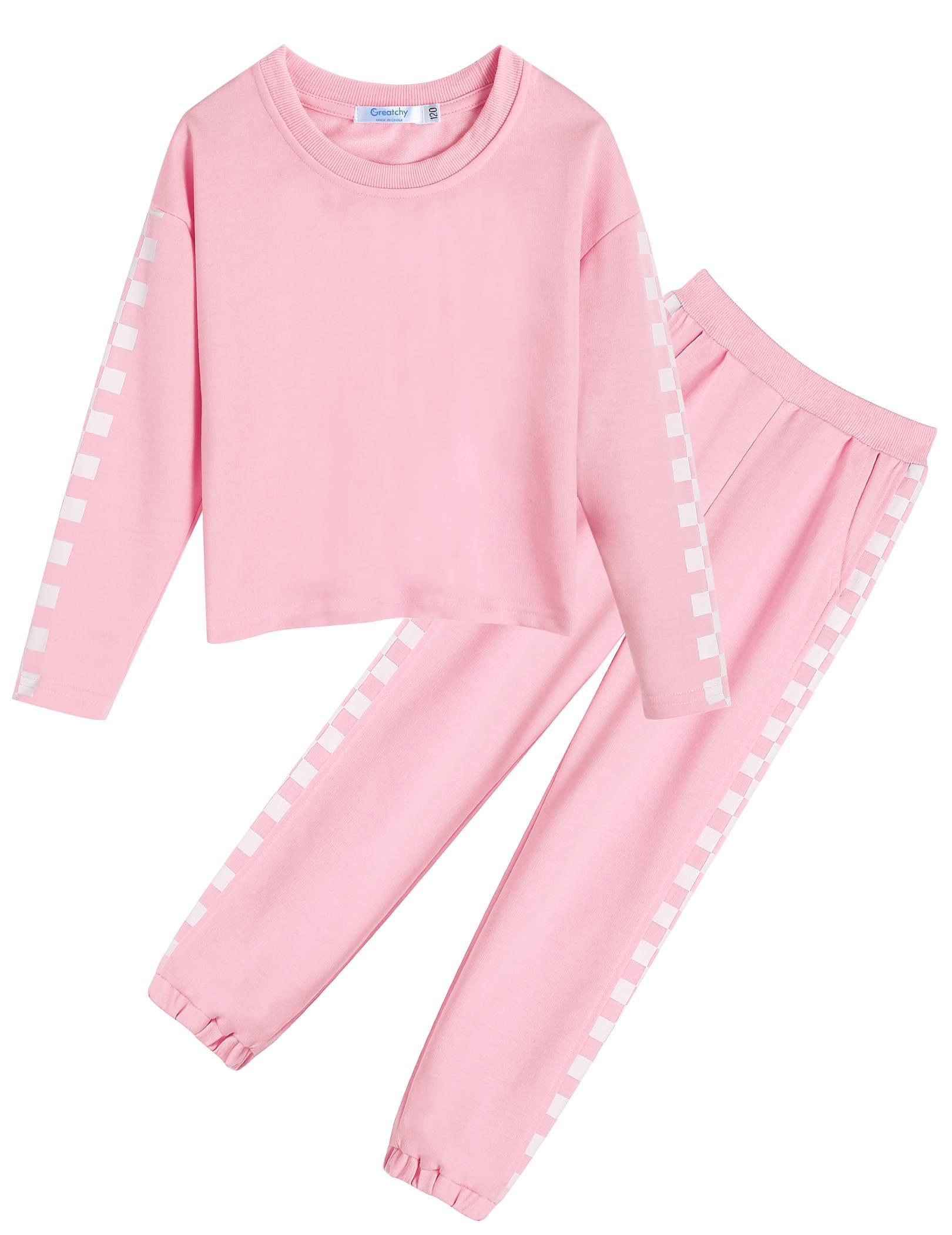 Girls Sweatsuit Cute Plaid Long Sleeve Pullover Sweatshirts and Sweatpants Set 2 Piece Activewear