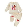 thumbnail image 1 of Girls Sweatsuit Fall Winter Girls 2 Piece Casual Outfit Crew Neck Long Sleeve Letter Print Top and Pants Soft Coordinated Playwear for Toddler Kids Kids Sweatsuit Beige 6 Months-12 Months, 1 of 2