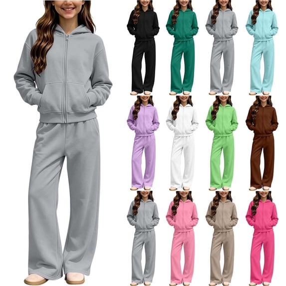 Girls Sweatsuit Fall Winter Kid Zip Up Hoodie And Sweatpants Set 5-14 Years